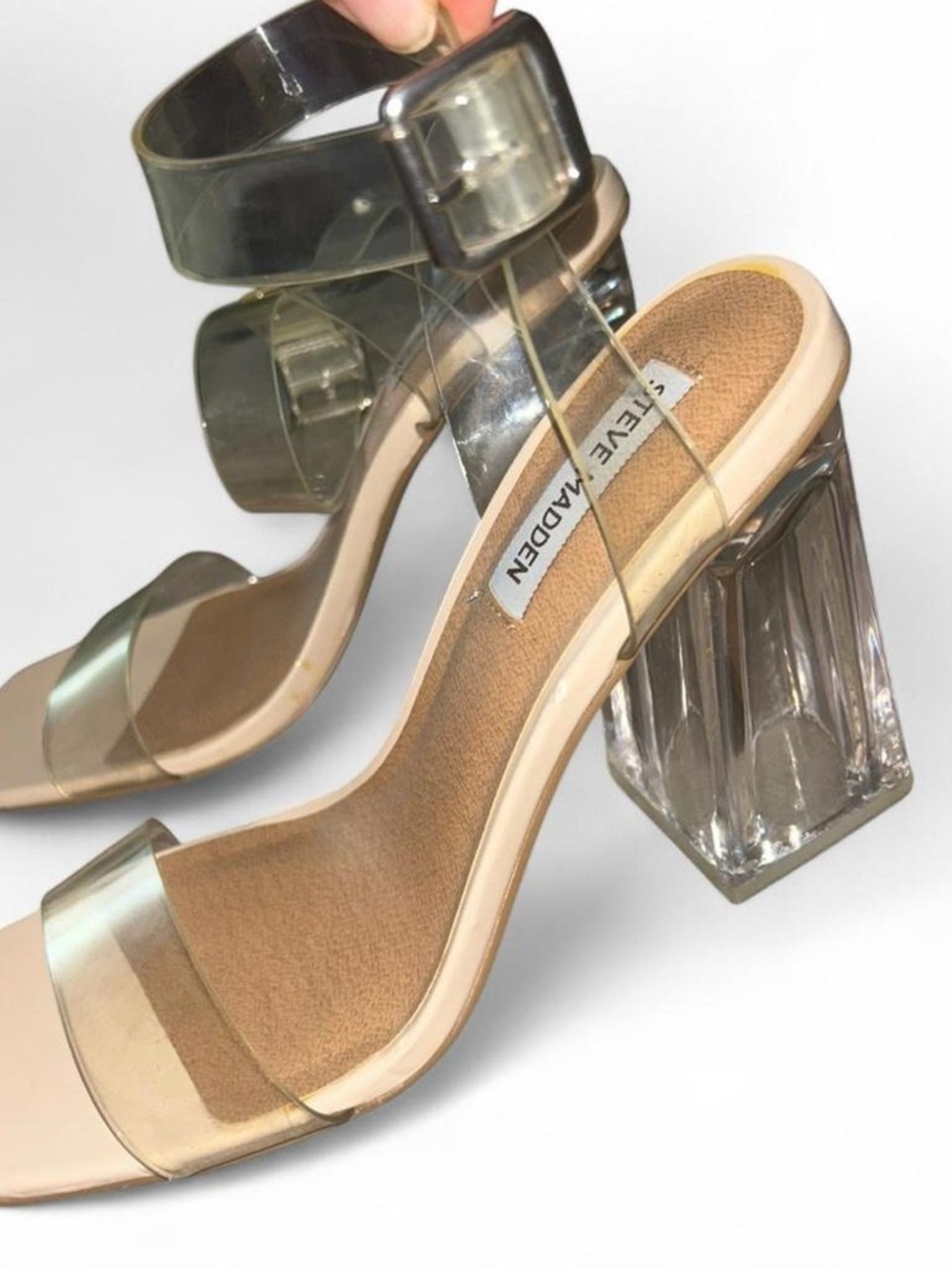 Steve Madden Clear PVC Block Heel Sandals in Transparent and Nude